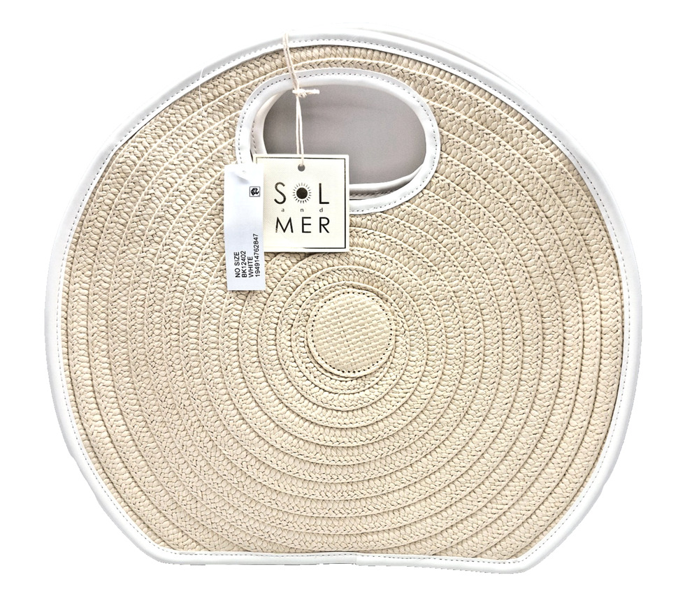 NWT Sol and Mer Oversize White Straw Circle Bag Boho Summer Tote Cutout Handle